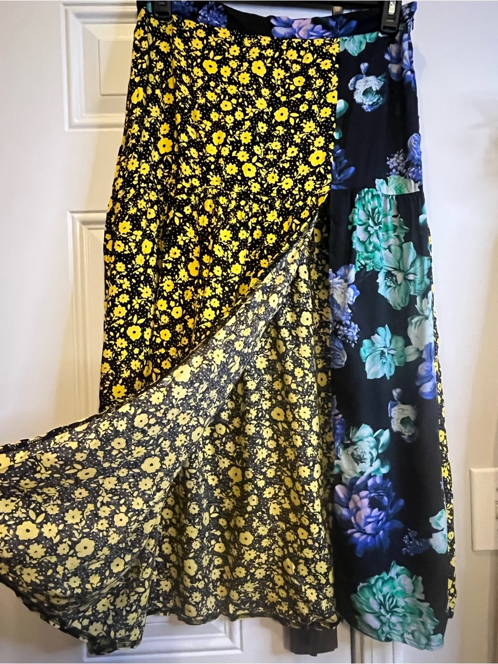 ASOS Patchwork Midi Skirt Size US 10 Mixed Floral Yellow Blue Split Indie Sleaze - Picture 2 of 9